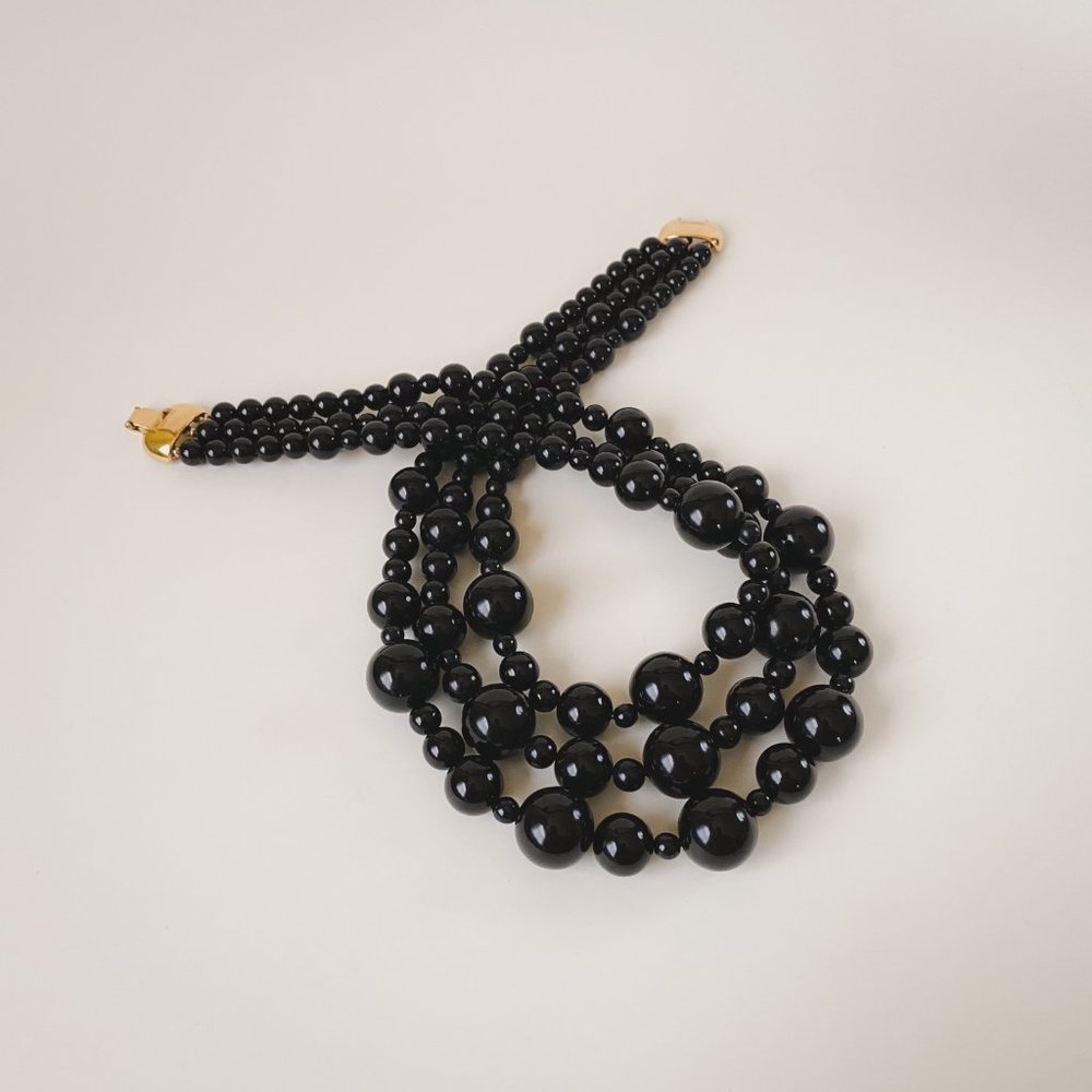 Vintage Monet Black Ball Round Beaded Multi Strand Statement Bib Necklace - Picture 4 of 12